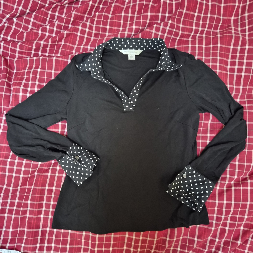 Petite Sophisticate Black Top with White Polka Dot Collar